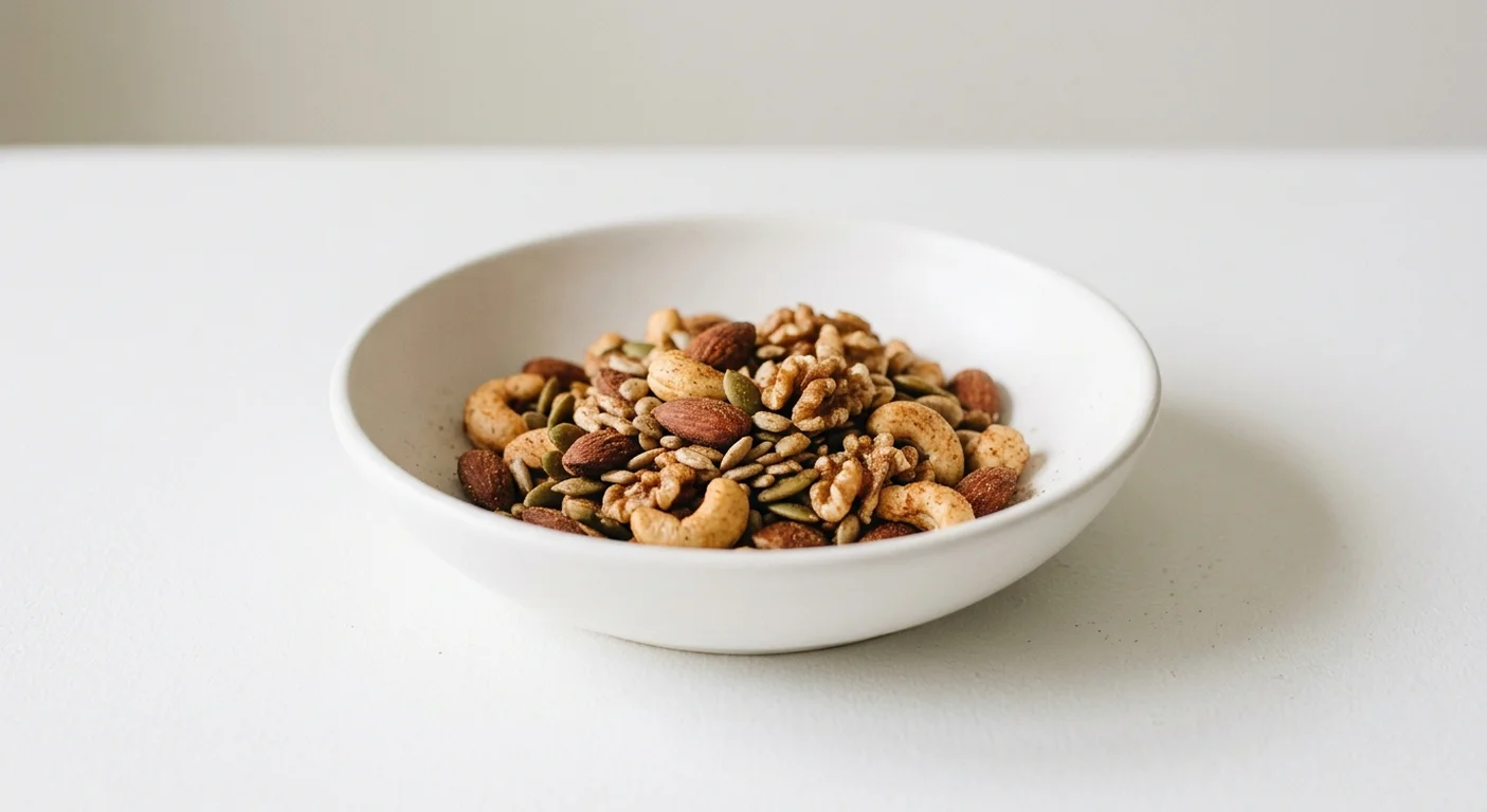GAIL's Spicy Nuts and Seeds, spiced roasted nuts and seeds in a white bowl, nutrition and calories