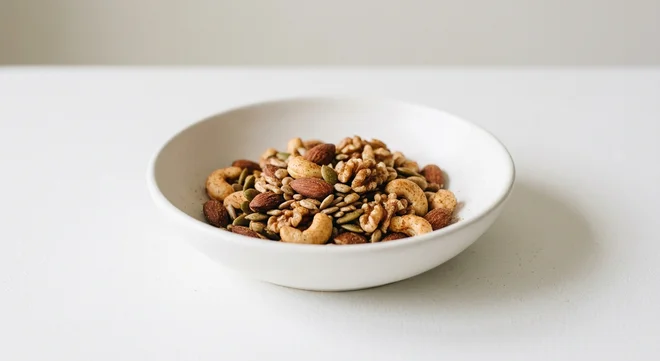 GAIL's Spicy Nuts and Seeds, spiced roasted nuts and seeds in a white bowl, nutrition and calories