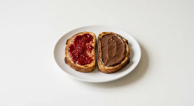GAIL's Toast with Jam and Chocolate Spread, sourdough toast with jam and chocolate spread on a white plate, nutrition and calories