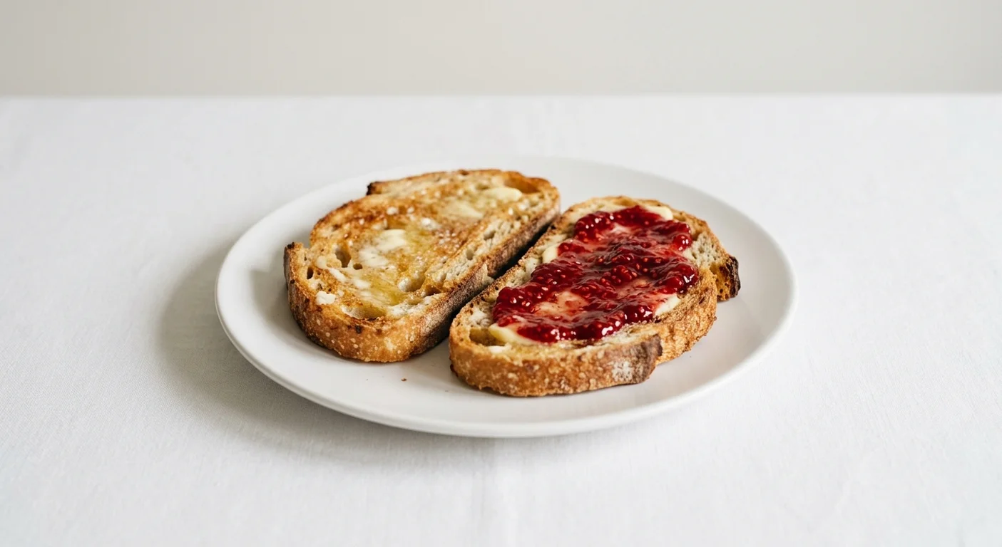 GAIL's Toast with Jam and Butter, sourdough toast with butter and jam on a white plate, nutrition and calories