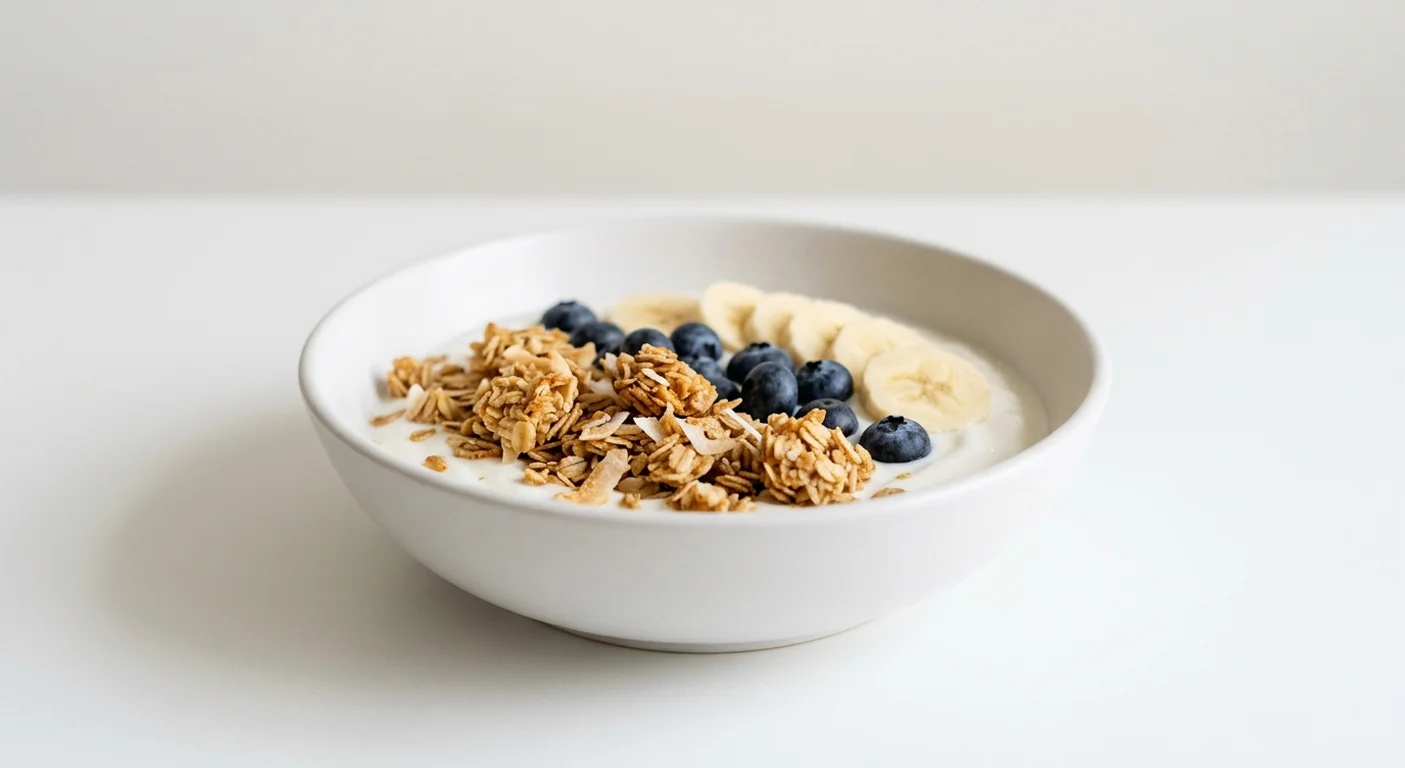 GAIL's Coconut and Rye Granola with Blueberries and Banana, coconut yoghurt with granola, blueberries and banana in a white bowl, nutrition and calories