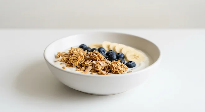 GAIL's Coconut and Rye Granola with Blueberries and Banana, coconut yoghurt with granola, blueberries and banana in a white bowl, nutrition and calories