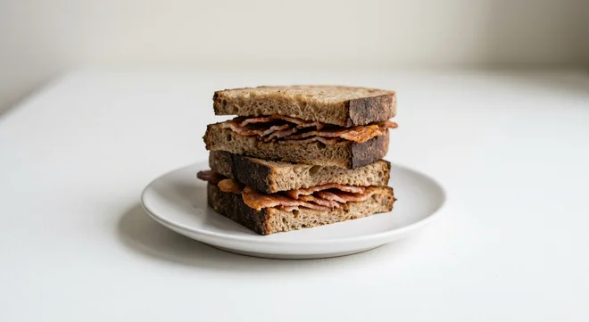 GAIL's Bacon Sandwich on San Francisco Sourdough, San Francisco sourdough bacon sandwich on a white plate, nutrition and calories