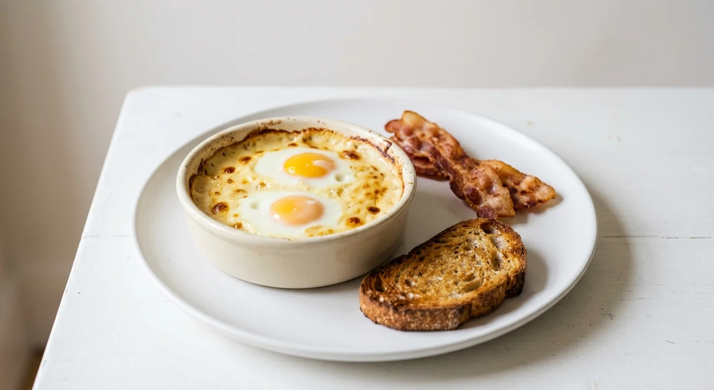 GAIL's Baked Eggs with Bacon, baked eggs with crispy bacon and sourdough toast on a white plate, nutrition and calories
