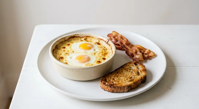 GAIL's Baked Eggs with Bacon, baked eggs with crispy bacon and sourdough toast on a white plate, nutrition and calories