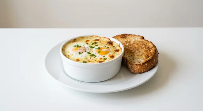 GAIL's Baked Eggs, baked eggs in a creamy cheese sauce with sourdough toast on a white plate, nutrition and calories