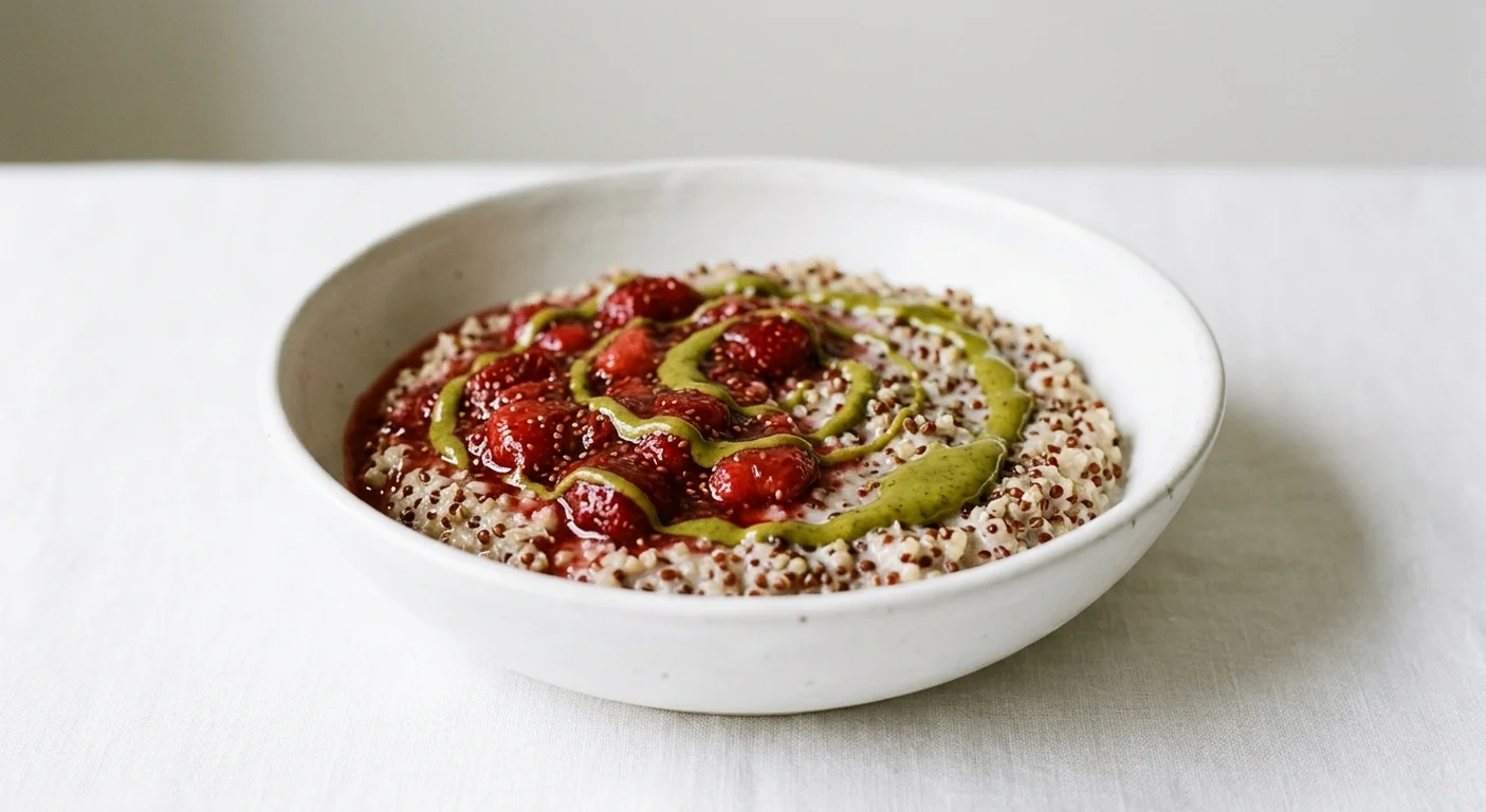 GAIL's Roasted Strawberry, Pistachio and Quinoa Pot, quinoa porridge with roasted strawberries and pistachio in a white bowl, nutrition and calories