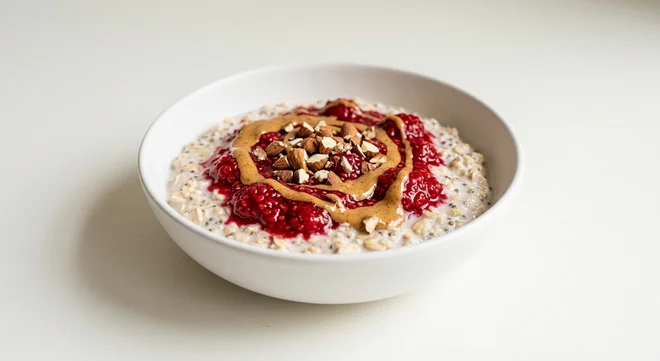 GAIL's Raspberry and Almond Overnight Oats, overnight oats with raspberry compote and almonds in a white bowl, nutrition and calories