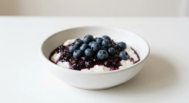 GAIL's Greek Yoghurt with Blueberry and Blackcurrant Compote, Greek yoghurt with blueberry compote and fresh blueberries in a white bowl, nutrition and calories
