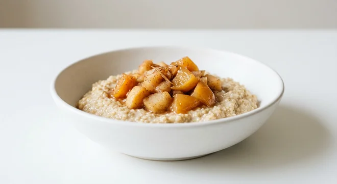 GAIL's Apple and Quince Quinoa Pudding, quinoa pudding with stewed apple and quince in a white bowl, nutrition and calories