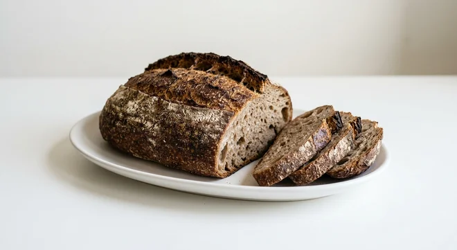 GAIL's Waste-Less Sourdough, cut Waste-Less sourdough loaf with slices on a white plate, nutrition and calories