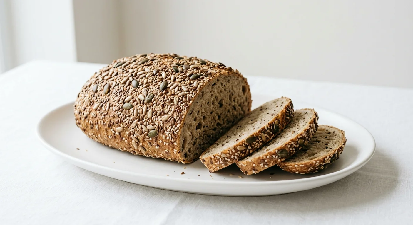 GAIL's Seeded Sourdough, cut seeded sourdough loaf with slices on a white plate, nutrition and calories