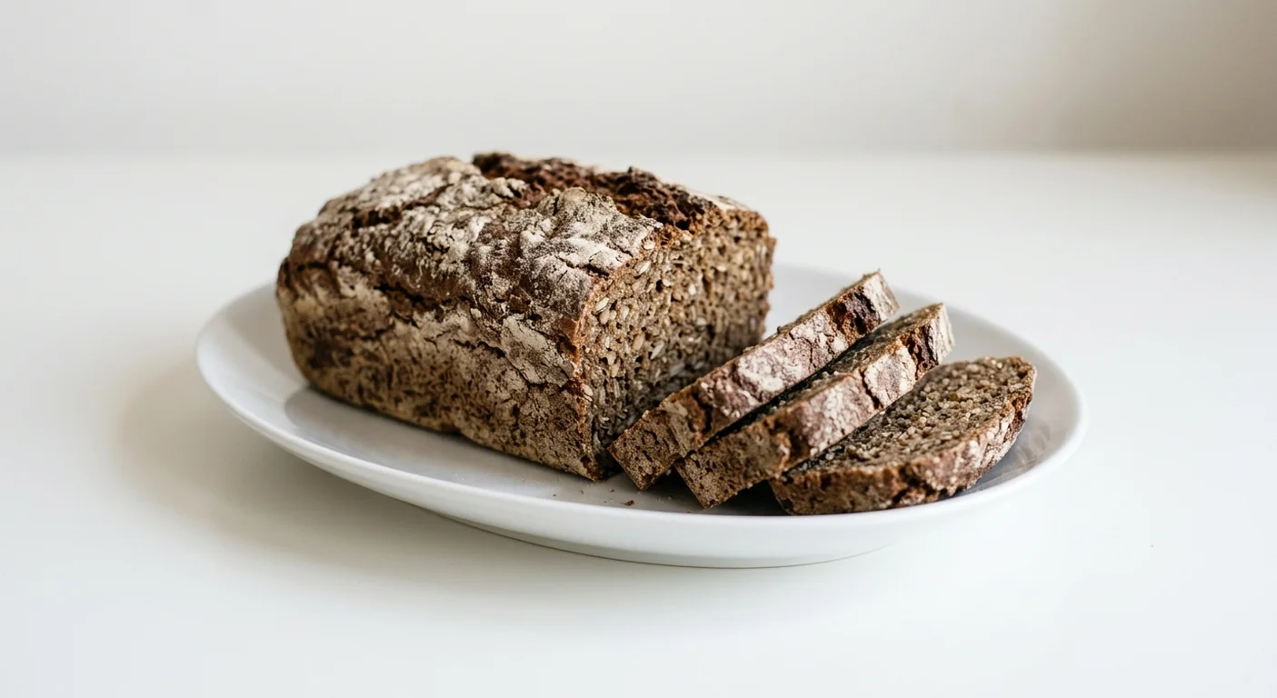 GAIL's Rye and Barley Sourdough, cut dark rye and barley loaf with slices on a white plate, nutrition and calories