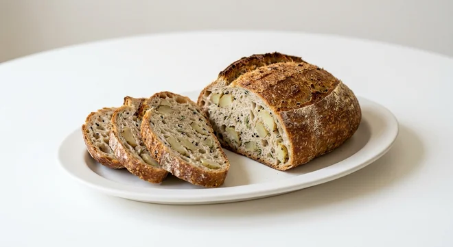 GAIL's Potato and Rosemary Sourdough, cut potato and rosemary sourdough with slices on a white plate, nutrition and calories
