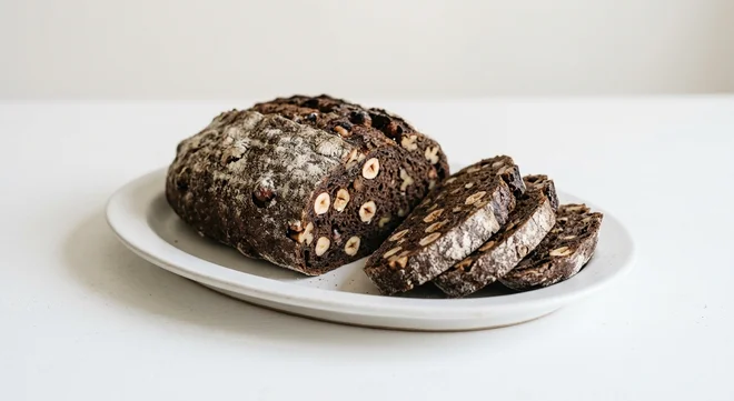 GAIL's Hazelnut and Walnut Sourdough, cut hazelnut and walnut sourdough with slices on a white plate, nutrition and calories
