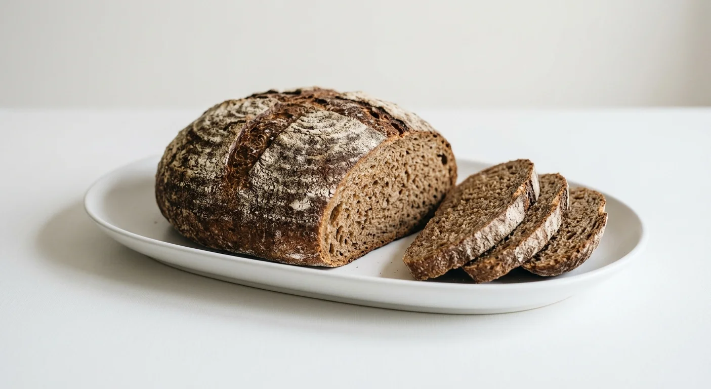 GAIL's Good Earth Sourdough, cut wholemeal sourdough loaf with slices on a white plate, nutrition and calories