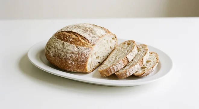 GAIL's Sourdough, cut white sourdough loaf with slices on a white plate, nutrition and calories