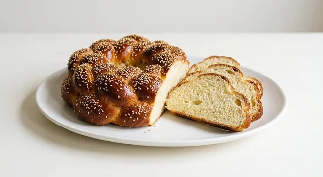 GAIL's Round Challah Loaf, cut round challah with slices on a white plate, nutrition and calories