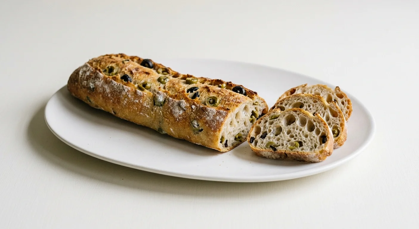 GAIL's Mixed Olive Sourdough Stick, cut olive sourdough stick with slices on a white plate, nutrition and calories