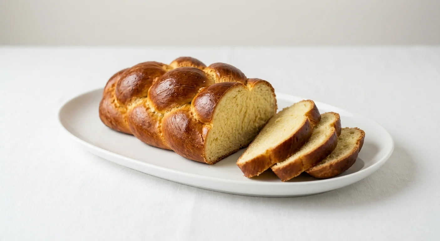 GAIL's Challah Tin Loaf, cut challah tin loaf with slices on a white plate, nutrition and calories