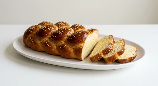 GAIL's Challah Plaited Loaf, cut plaited challah with slices on a white plate, nutrition and calories