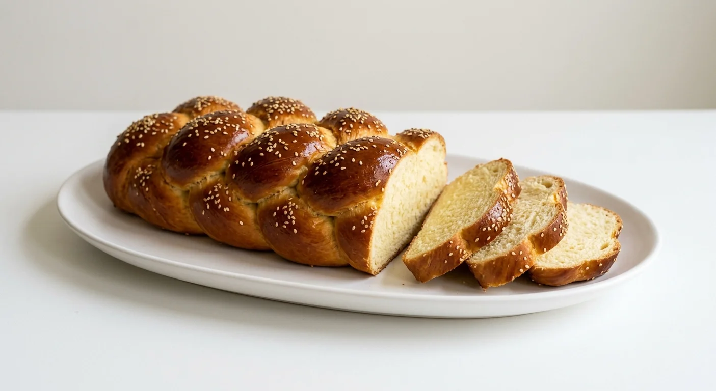 GAIL's Challah Plaited Loaf, cut plaited challah with slices on a white plate, nutrition and calories