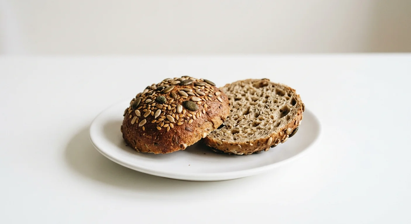 GAIL's Seeded Bread Roll, seeded bread roll cut in half on a white plate, nutrition and calories
