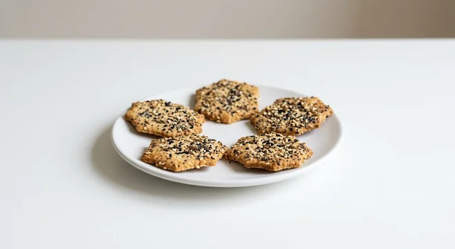 GAIL's Seeded Crackers, five thin seeded crackers on a white plate, nutrition and calories