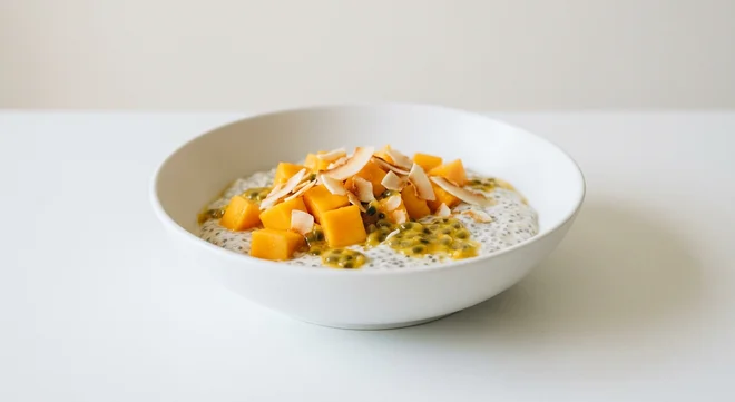 GAIL's Mango and Passionfruit Chia Pot, coconut chia pudding with mango and passion fruit in a white bowl, nutrition and calories