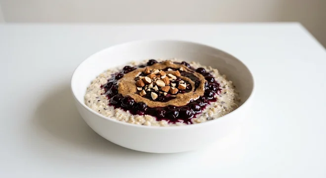 GAIL's Apple and Blackcurrant Overnight Oats, overnight oats with blackcurrant compote and almonds in a white bowl, nutrition and calories