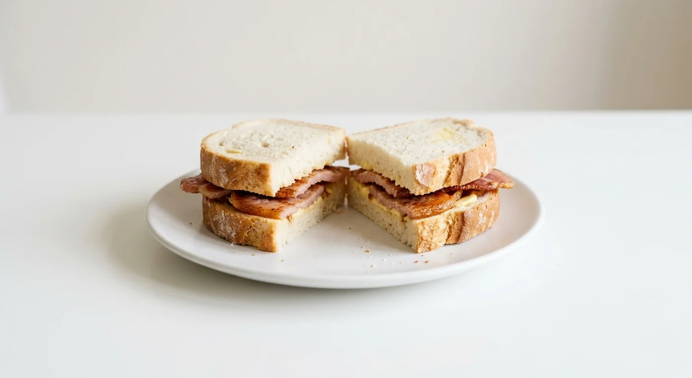 Wetherspoon Bacon Butty, three rashers of back bacon in buttered white bloomer bread on a white plate, nutrition and calories