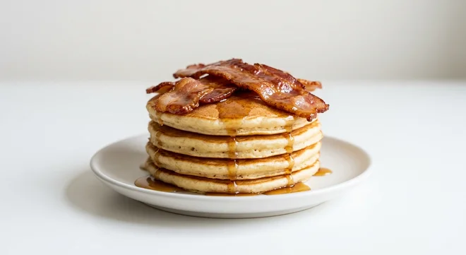 Wetherspoon American-Style Pancakes with Bacon and Maple-Flavour Syrup, four American-style pancakes topped with maple-cured bacon and maple syrup on a white plate, nutrition and calories