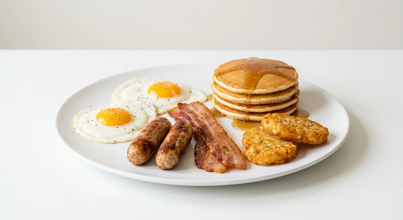 Wetherspoon American Breakfast, two fried eggs, two sausages, maple-cured bacon, two hash browns and four pancakes with maple syrup on a white plate, nutrition and calories
