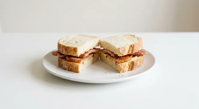 Wetherspoon Bacon Butty, three rashers of back bacon in buttered white bloomer bread on a white plate, nutrition and calories
