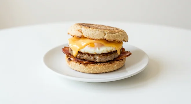 Wetherspoon Breakfast Muffin, English muffin with fried egg, sausage, bacon and American-style cheese on a white plate, nutrition and calories