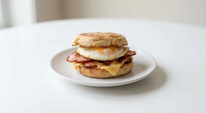 Wetherspoon Egg & Bacon Muffin, English muffin with fried egg, bacon and American-style cheese on a white plate, nutrition and calories