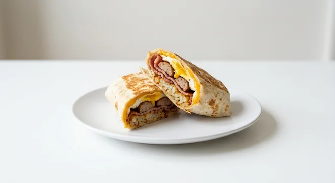 Wetherspoon Breakfast Wrap, wrap cut in half with egg, sausage, bacon, hash brown and cheddar on a white plate, nutrition and calories
