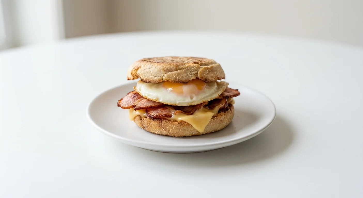 Wetherspoon Egg & Bacon Muffin, English muffin with fried egg, bacon and American-style cheese on a white plate, nutrition and calories