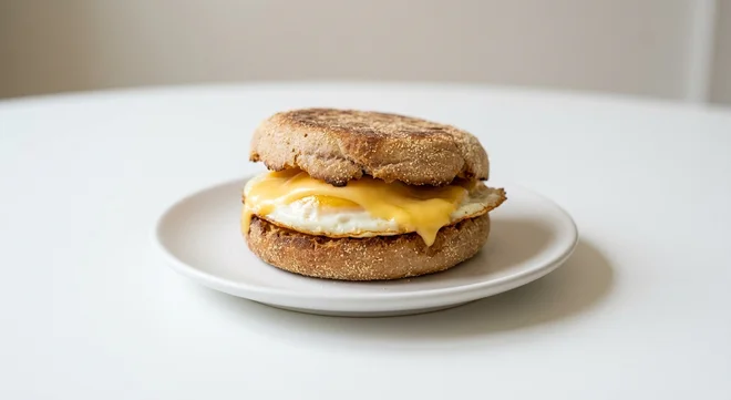 Wetherspoon Egg & Cheese Muffin, English muffin with fried egg and American-style cheese on a white plate, nutrition and calories