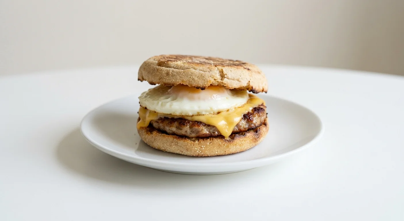 Wetherspoon Egg & Sausage Muffin, English muffin with fried egg, sausage and American-style cheese on a white plate, nutrition and calories