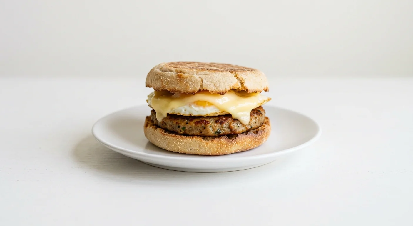 Wetherspoon Egg & Vegetarian Sausage Muffin, English muffin with fried egg, vegetarian sausage and American-style cheese on a white plate, nutrition and calories