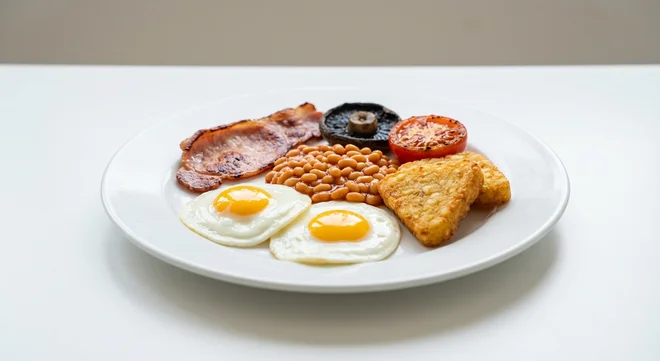 Wetherspoon Freedom Breakfast, two fried eggs, bacon, baked beans, two hash browns, mushroom and tomato on a white plate, nutrition and calories