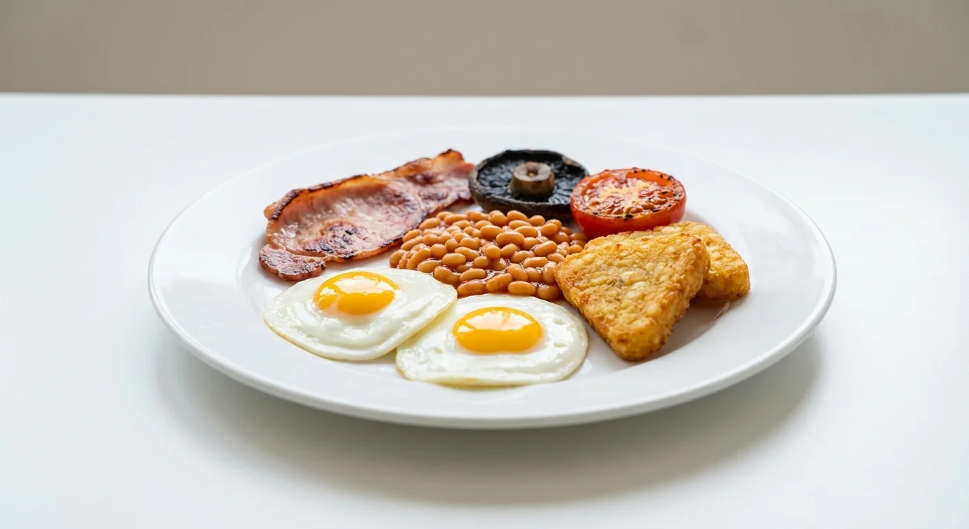 Wetherspoon Freedom Breakfast, two fried eggs, bacon, baked beans, two hash browns, mushroom and tomato on a white plate, nutrition and calories