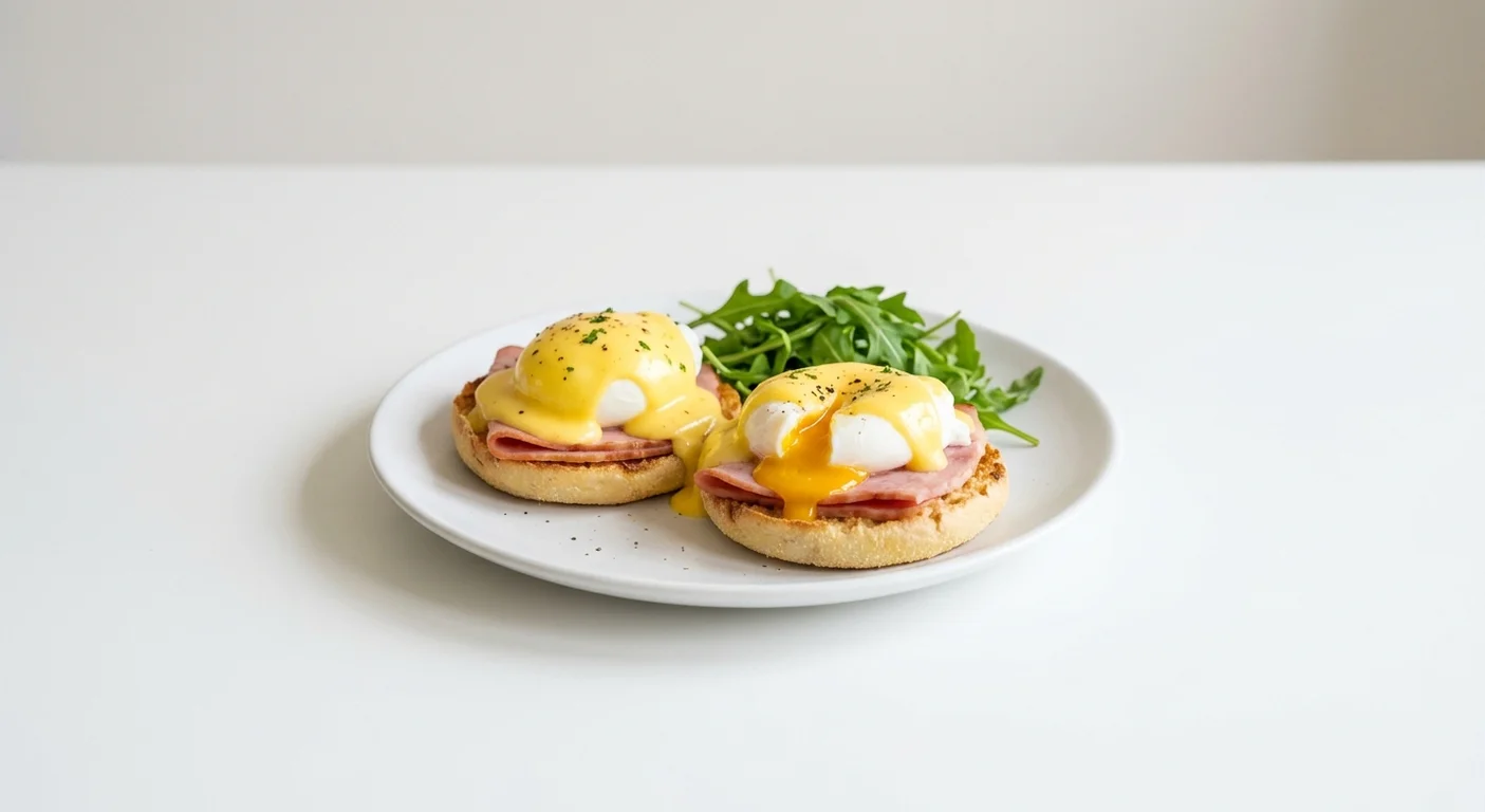 Wetherspoon Eggs Benedict, two poached eggs on ham and English muffin with hollandaise and rocket on a white plate, nutrition and calories