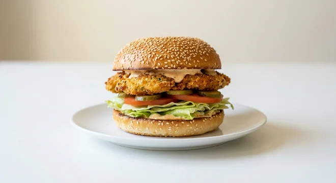 GAIL's Parmesan Chicken on a Cream Bun, sesame bun with parmesan-crumbed chicken on a white plate, nutrition and calories
