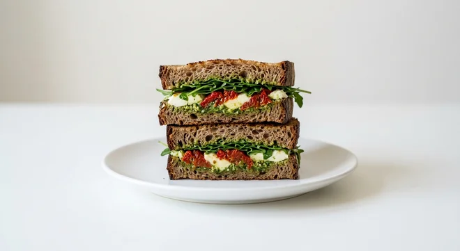 GAIL's Mozzarella and Pesto Sandwich, sourdough sandwich with mozzarella, pesto and sun-dried tomato on a white plate, nutrition and calories