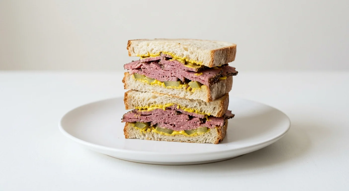 GAIL's Bakery Pastrami Sandwich, sourdough sandwich with pastrami and pickles on a white plate, nutrition and calories