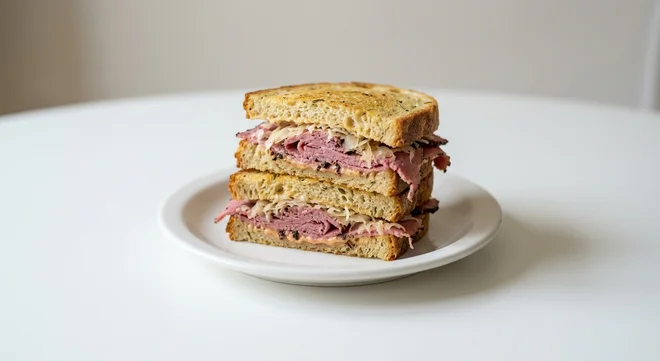 GAIL's Pastrami Rachel, sourdough sandwich with pastrami and sauerkraut on a white plate, nutrition and calories