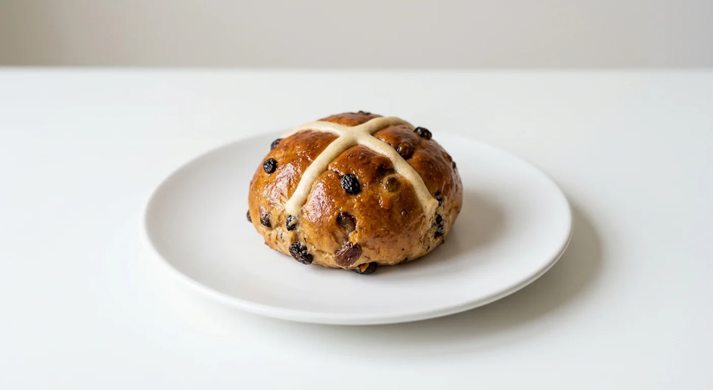 GAIL's Bakery Hot Cross Bun, glossy spiced hot cross bun on a white plate, nutrition and calories