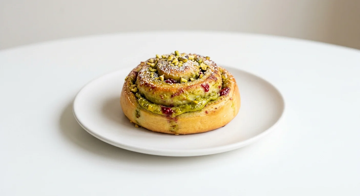 GAIL's Bakery Pistachio & Raspberry Bun, swirled pistachio and raspberry bun on a white plate, nutrition and calories